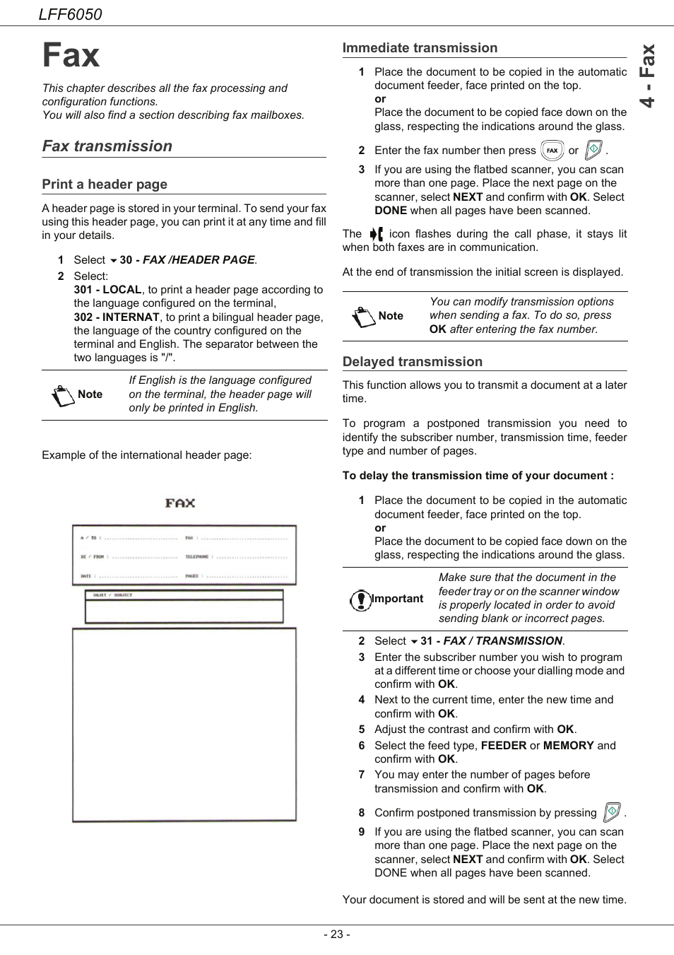 Fax transmission, Immediate transmission, Delayed transmission | Fax 23, 4 - fax, Lff6050 | Philips LaserMFD LFF 6050 User Manual | Page 28 / 86