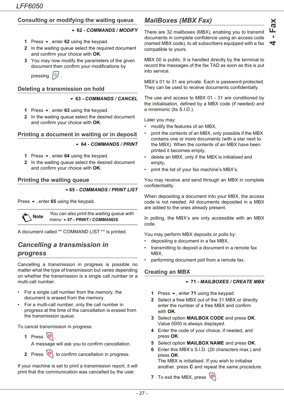Consulting or modifying the waiting queue, Deleting a transmission on hold, Printing a document in waiting or in deposit | Printing the waiting queue, Cancelling a transmission in progress, Mailboxes (mbx fax), Creating an mbx, Consulting or modifying the waiting, Queue 27 deleting a transmission on hold, Printing a document in waiting or in | Philips LaserMFD LFF 6050 User Manual | Page 32 / 86