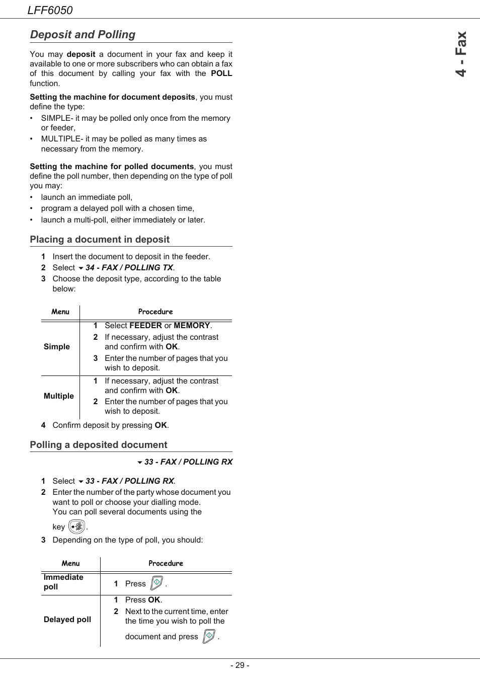 Deposit and polling, Placing a document in deposit, Polling a deposited document | 4 - fax, Lff6050 | Philips LaserMFD LFF 6050 User Manual | Page 34 / 86