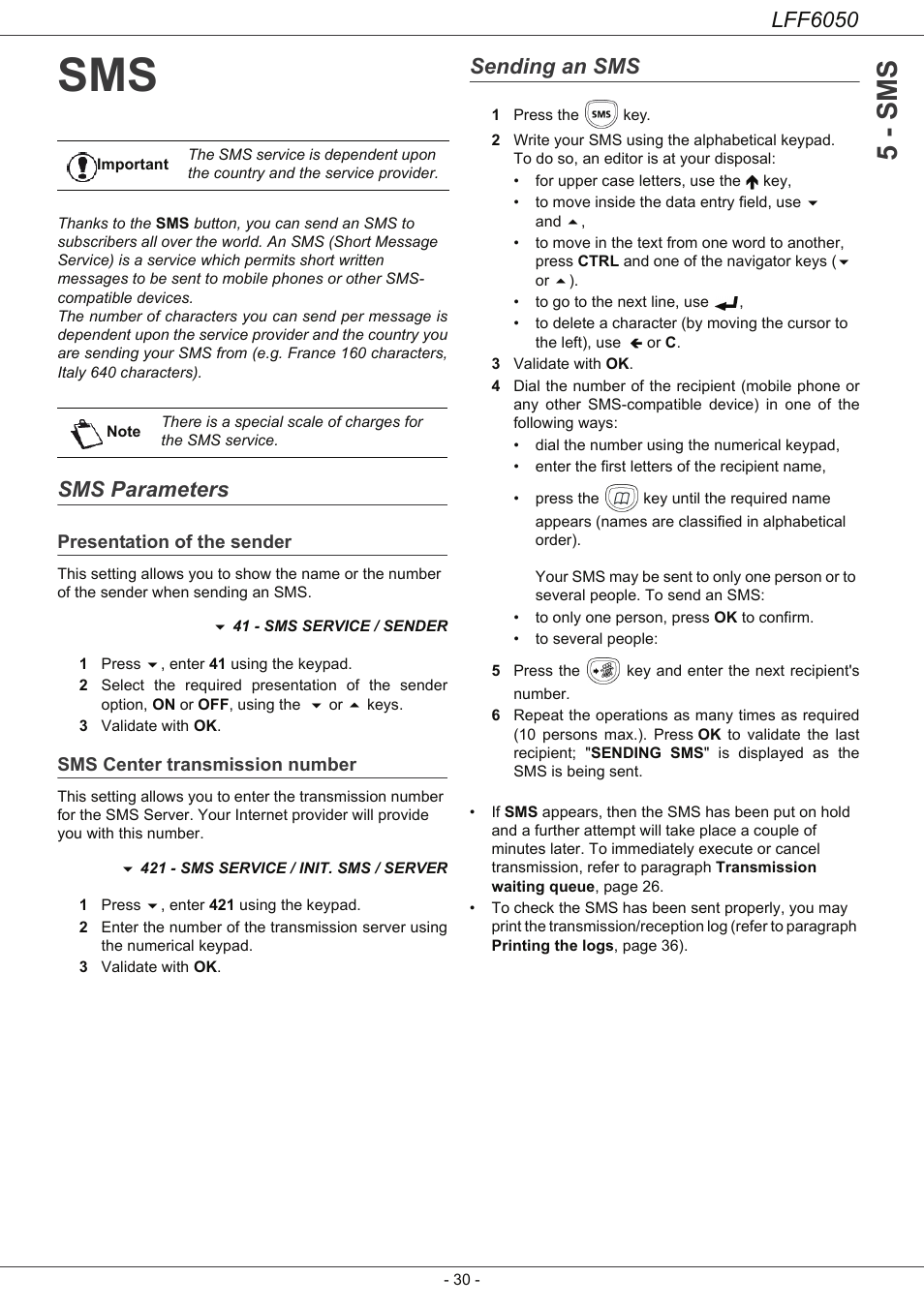 Sms parameters, Presentation of the sender, Sms center transmission number | Sending an sms, Sms 30, 5 - sms, Lff6050 | Philips LaserMFD LFF 6050 User Manual | Page 35 / 86