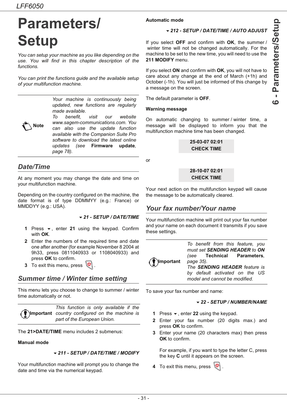 Parameters/ setup, Date/time, Summer time / winter time setting | Your fax number/your name, Parameters/setup 31, Date/time 31 summer time / winter time setting, 6 - parameters/setup, Lff6050 | Philips LaserMFD LFF 6050 User Manual | Page 36 / 86