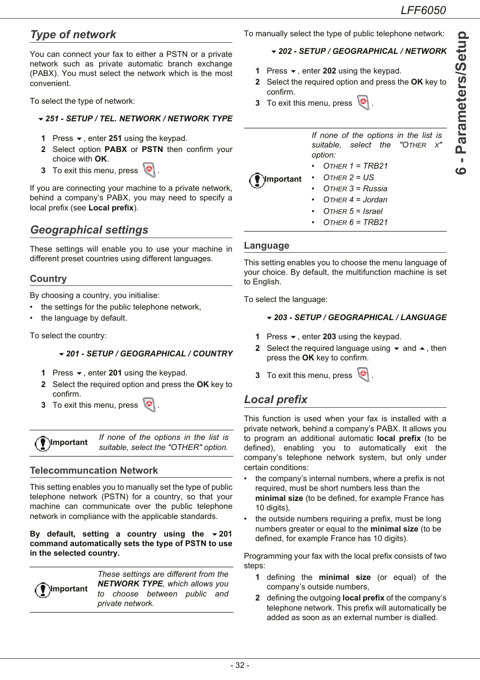 Type of network, Geographical settings, Country | Telecommuncation network, Language, Local prefix, Country 32 telecommuncation network, Language 32, 6 - parameters/setup, Lff6050 | Philips LaserMFD LFF 6050 User Manual | Page 37 / 86