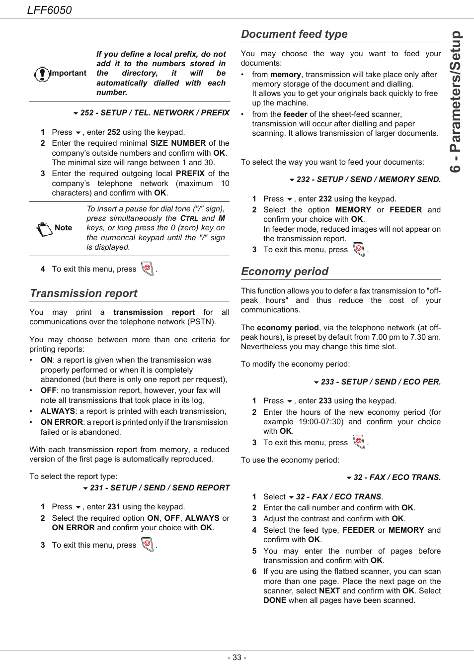 Transmission report, Document feed type, Economy period | 6 - parameters/setup, Lff6050 | Philips LaserMFD LFF 6050 User Manual | Page 38 / 86