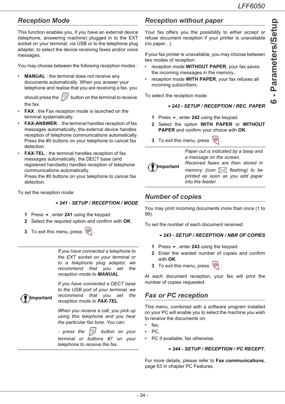 Reception mode, Reception without paper, Number of copies | Fax or pc reception, 6 - parameters/setup, Lff6050 | Philips LaserMFD LFF 6050 User Manual | Page 39 / 86