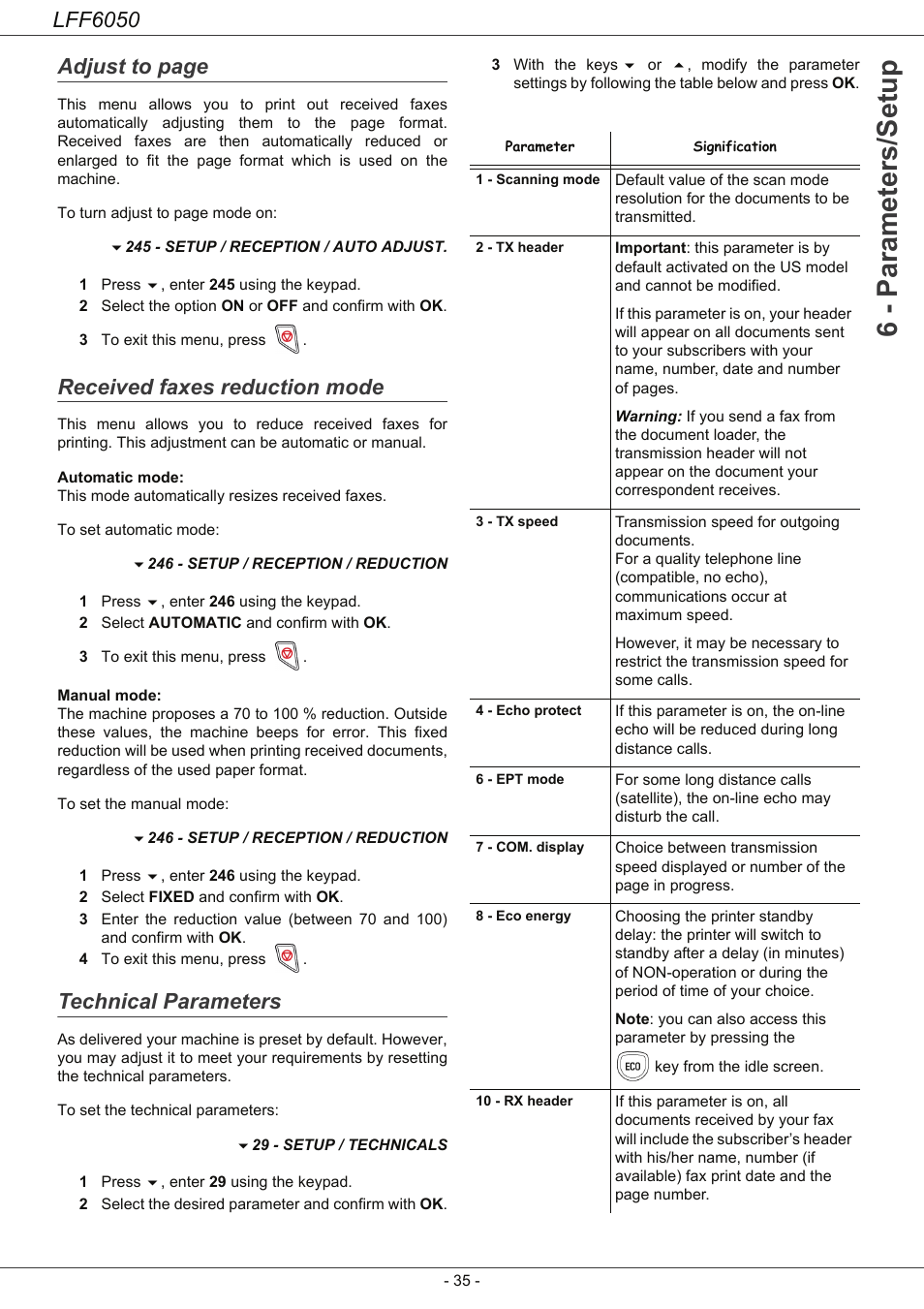 Received faxes reduction mode, Technical parameters, 6 - parameters/setup | Lff6050, Adjust to page | Philips LaserMFD LFF 6050 User Manual | Page 40 / 86