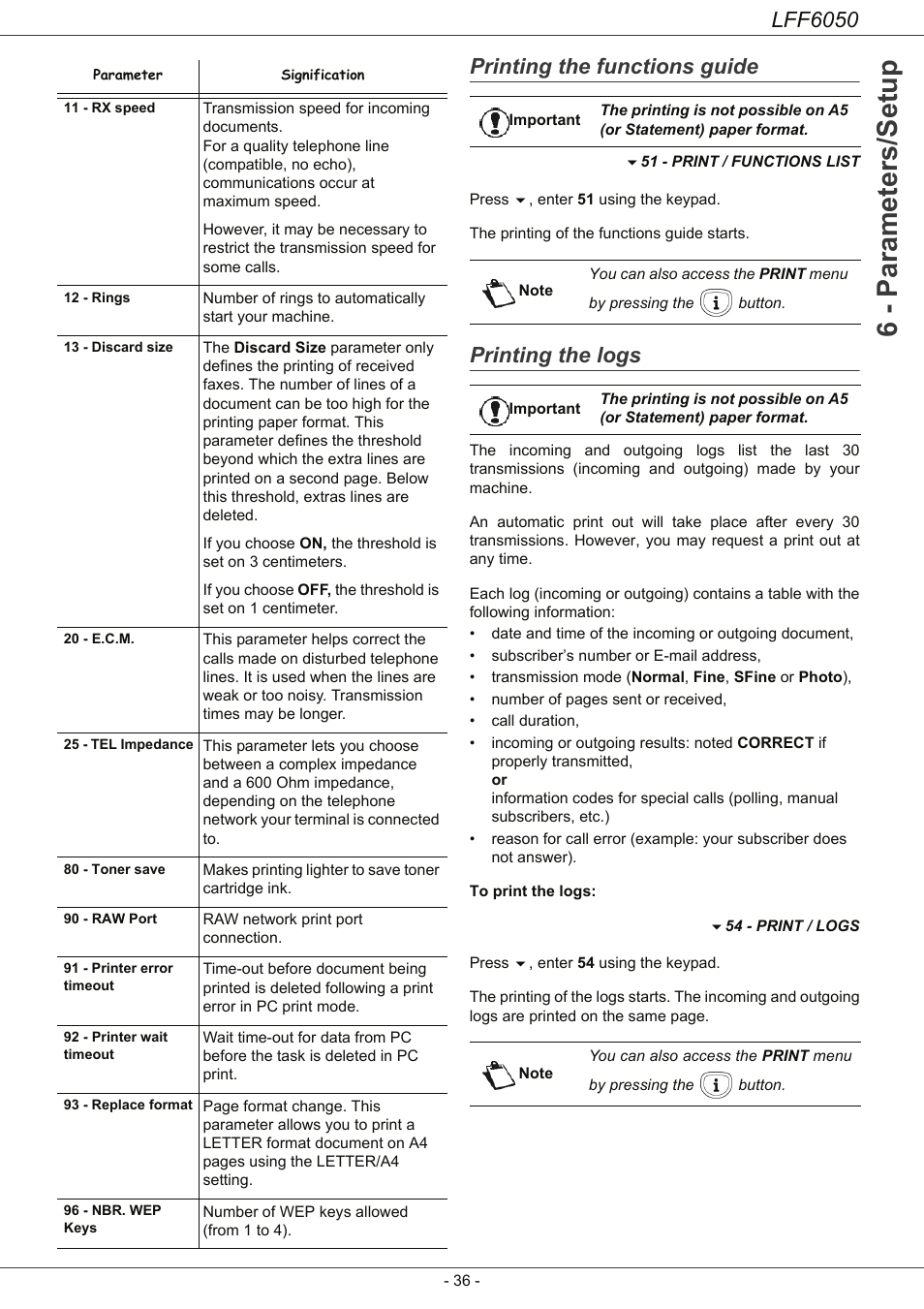 Printing the functions guide, Printing the logs, 6 - parameters/setup | Lff6050 | Philips LaserMFD LFF 6050 User Manual | Page 41 / 86