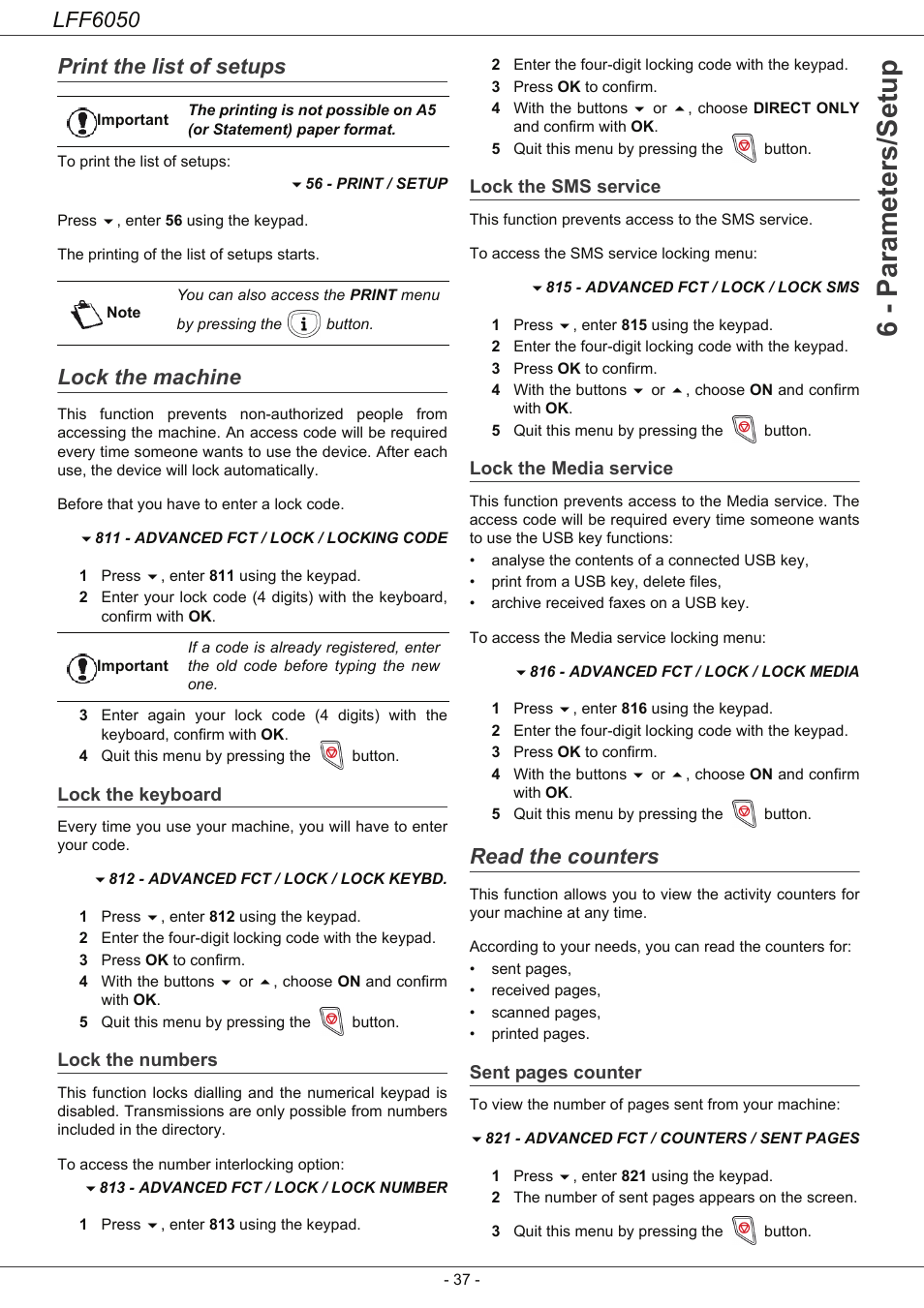 Print the list of setups, Lock the machine, Lock the keyboard | Lock the numbers, Lock the sms service, Lock the media service, Read the counters, 6 - parameters/setup, Lff6050 | Philips LaserMFD LFF 6050 User Manual | Page 42 / 86
