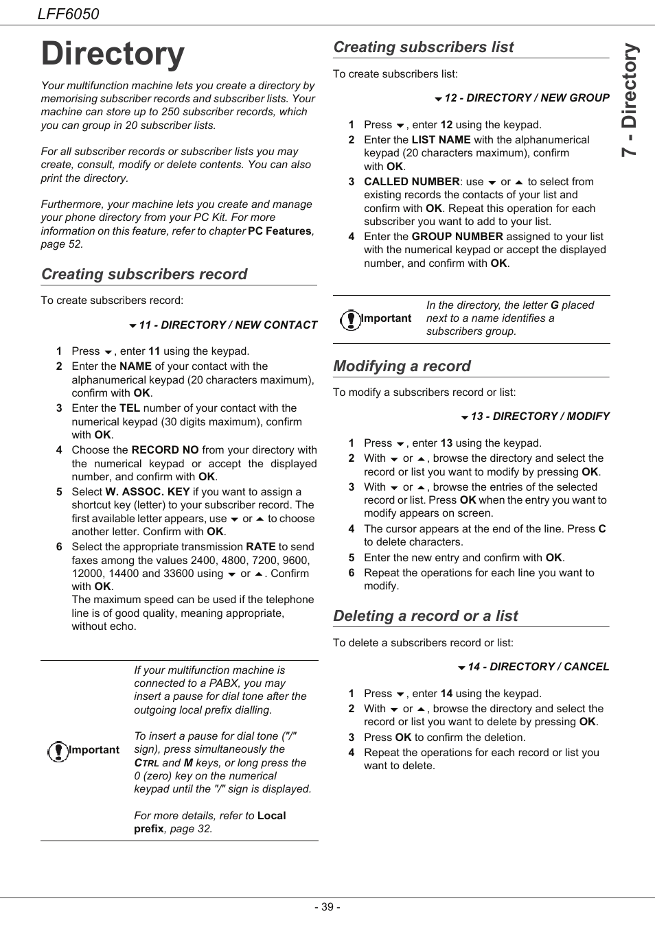 Directory, Creating subscribers record, Creating subscribers list | Modifying a record, Deleting a record or a list, Directory 39, 7 - directory, Lff6050 | Philips LaserMFD LFF 6050 User Manual | Page 44 / 86