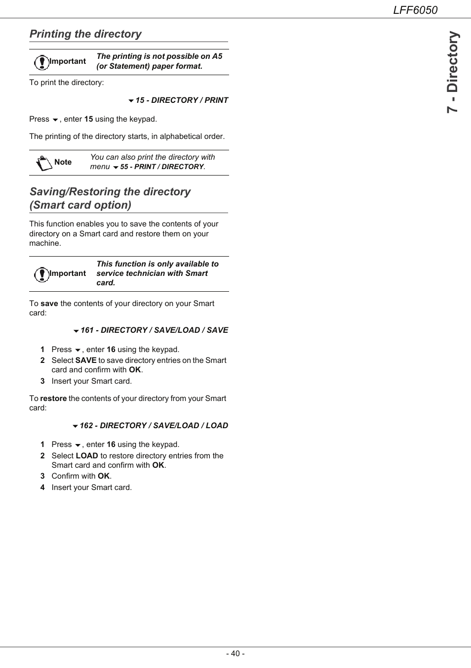 Printing the directory, Saving/restoring the directory (smart card option), Saving/restoring the directory (smart | Card option), 7 - directory, Lff6050 | Philips LaserMFD LFF 6050 User Manual | Page 45 / 86