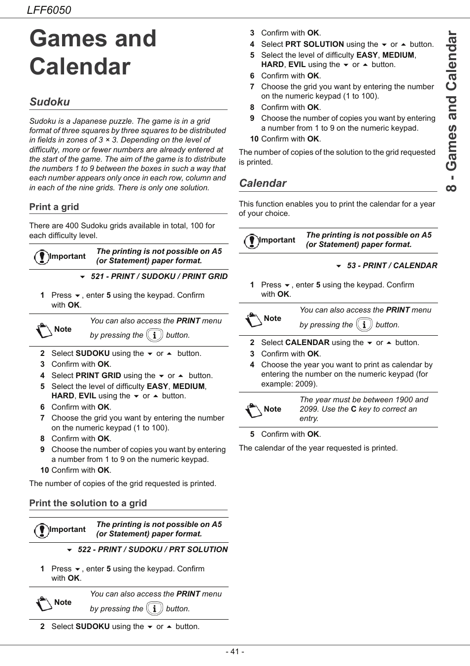 Games and calendar, Sudoku, Print a grid | Print the solution to a grid, Calendar, Sudoku 41, Calendar 41, 8 - games and calendar, Lff6050 | Philips LaserMFD LFF 6050 User Manual | Page 46 / 86