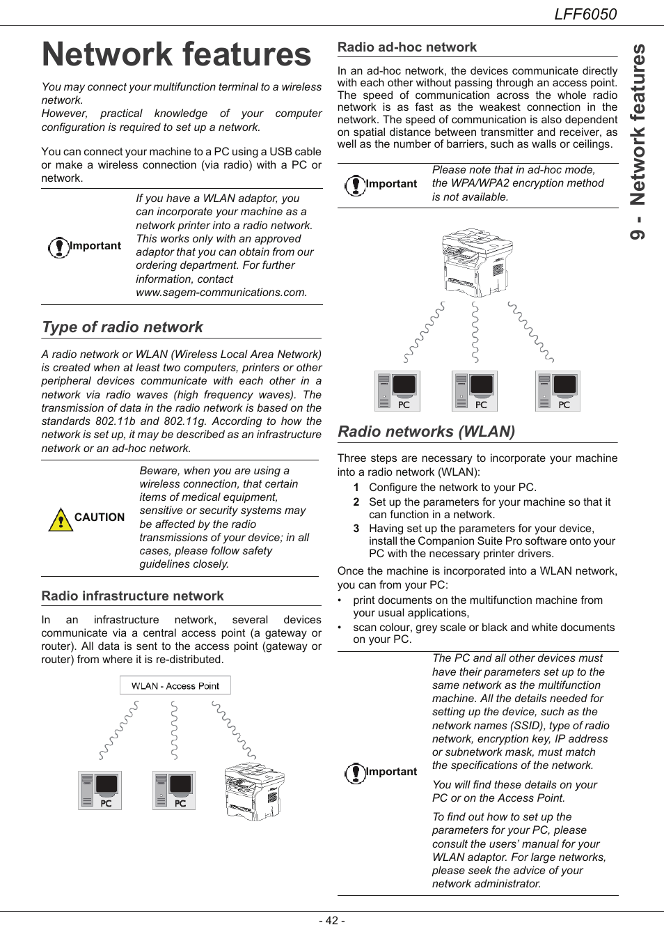 Network features, Type of radio network, Radio infrastructure network | Radio ad-hoc network, Radio networks (wlan), 9 - network features, Lff6050 | Philips LaserMFD LFF 6050 User Manual | Page 47 / 86