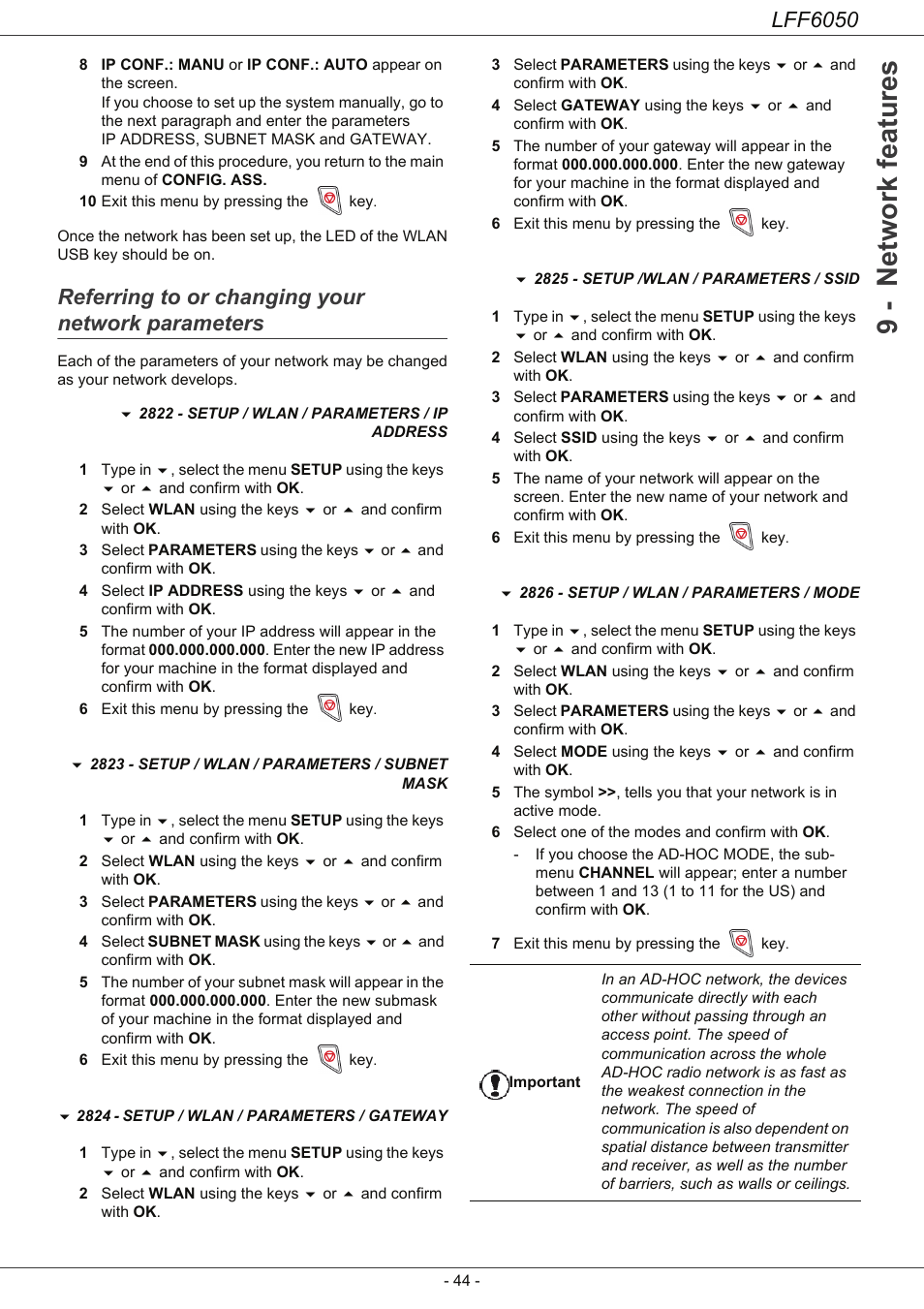 Referring to or changing your network parameters, Referring to or changing your network, Parameters 44 | 9 - network features, Lff6050 | Philips LaserMFD LFF 6050 User Manual | Page 49 / 86