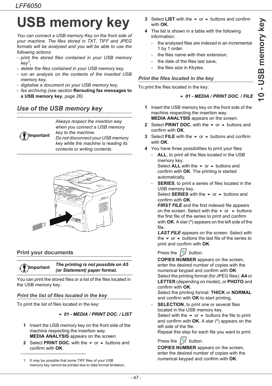 Usb memory key, Use of the usb memory key, Print your documents | Print the list of files located in the key, Print the files located in the key, Lff6050 | Philips LaserMFD LFF 6050 User Manual | Page 52 / 86