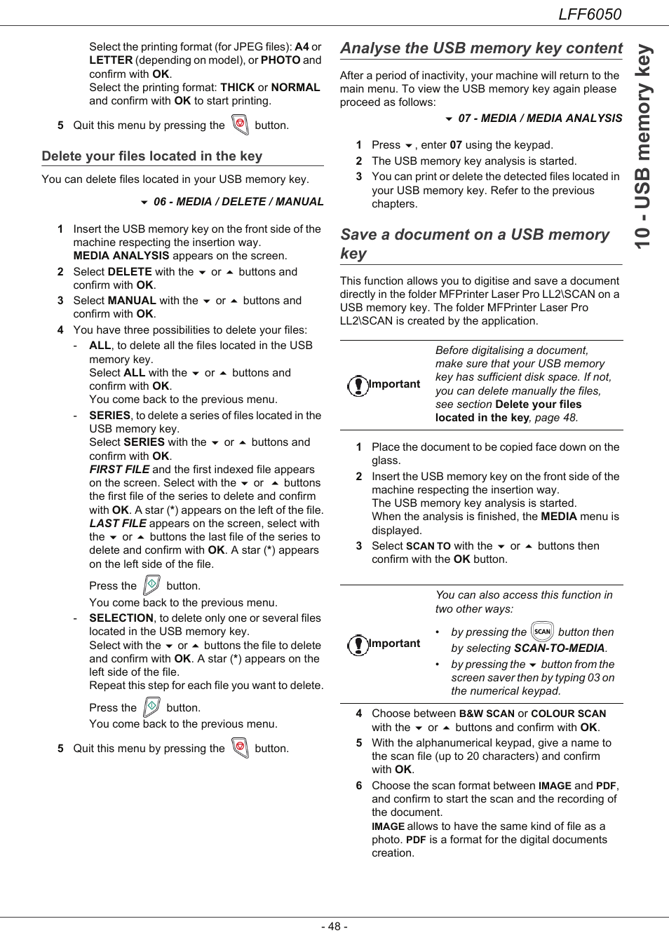Delete your files located in the key, Analyse the usb memory key content, Save a document on a usb memory key | Lff6050 | Philips LaserMFD LFF 6050 User Manual | Page 53 / 86