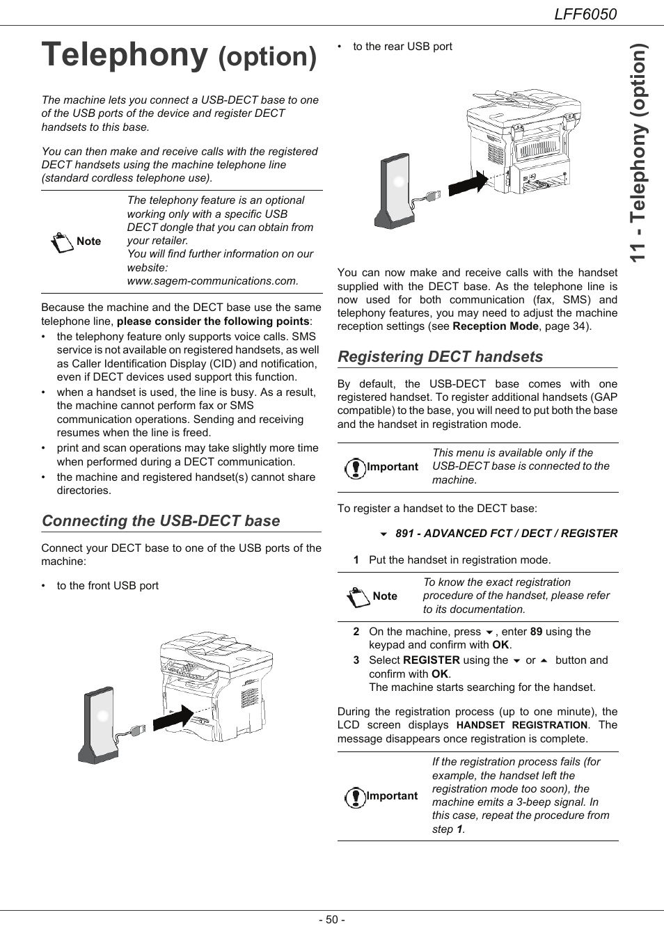 Telephony (option), Connecting the usb-dect base, Registering dect handsets | Telephony, Option), 11 - telephony (option), Lff6050 | Philips LaserMFD LFF 6050 User Manual | Page 55 / 86