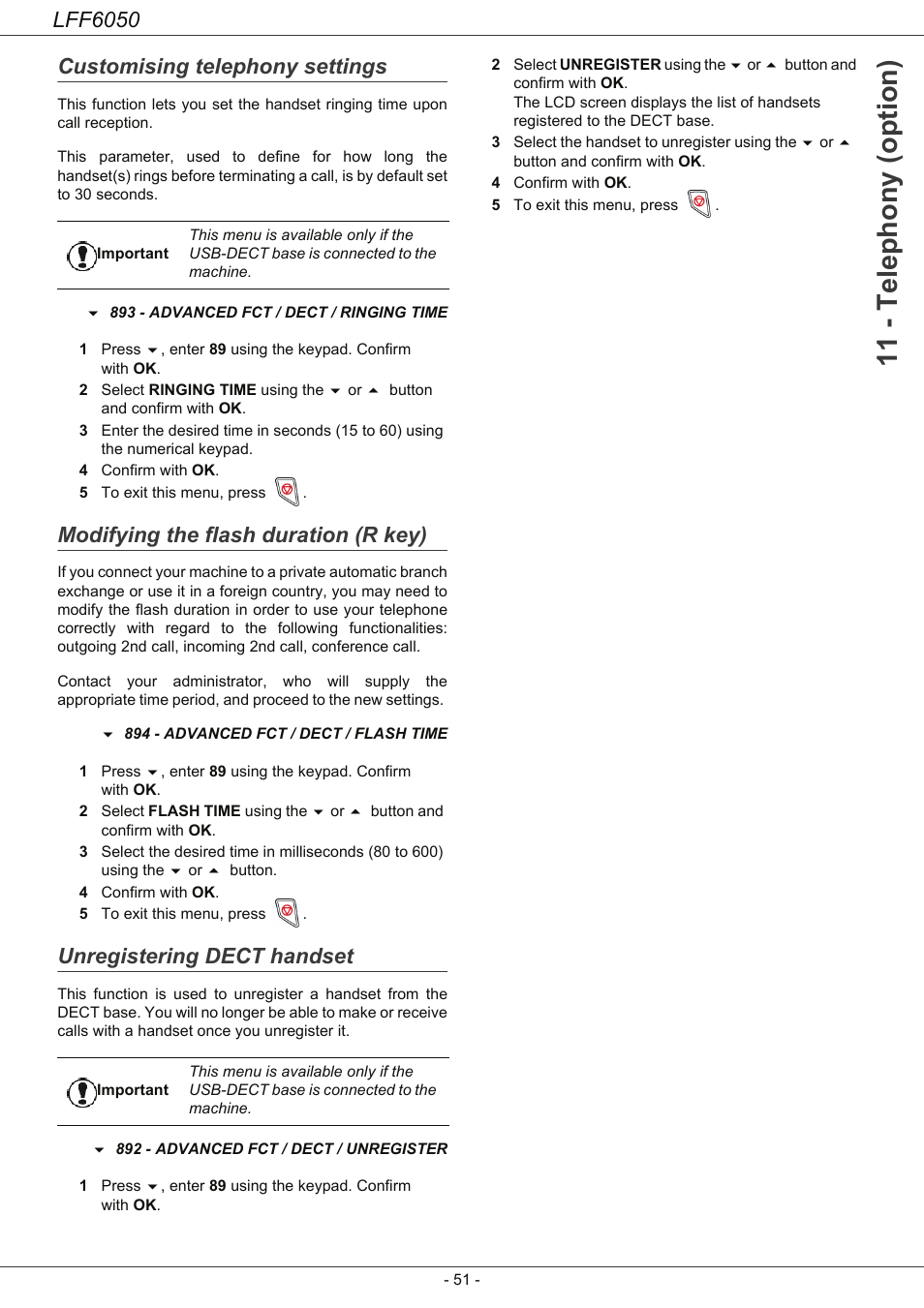 Customising telephony settings, Modifying the flash duration (r key), Unregistering dect handset | 11 - telephony (option), Lff6050 | Philips LaserMFD LFF 6050 User Manual | Page 56 / 86