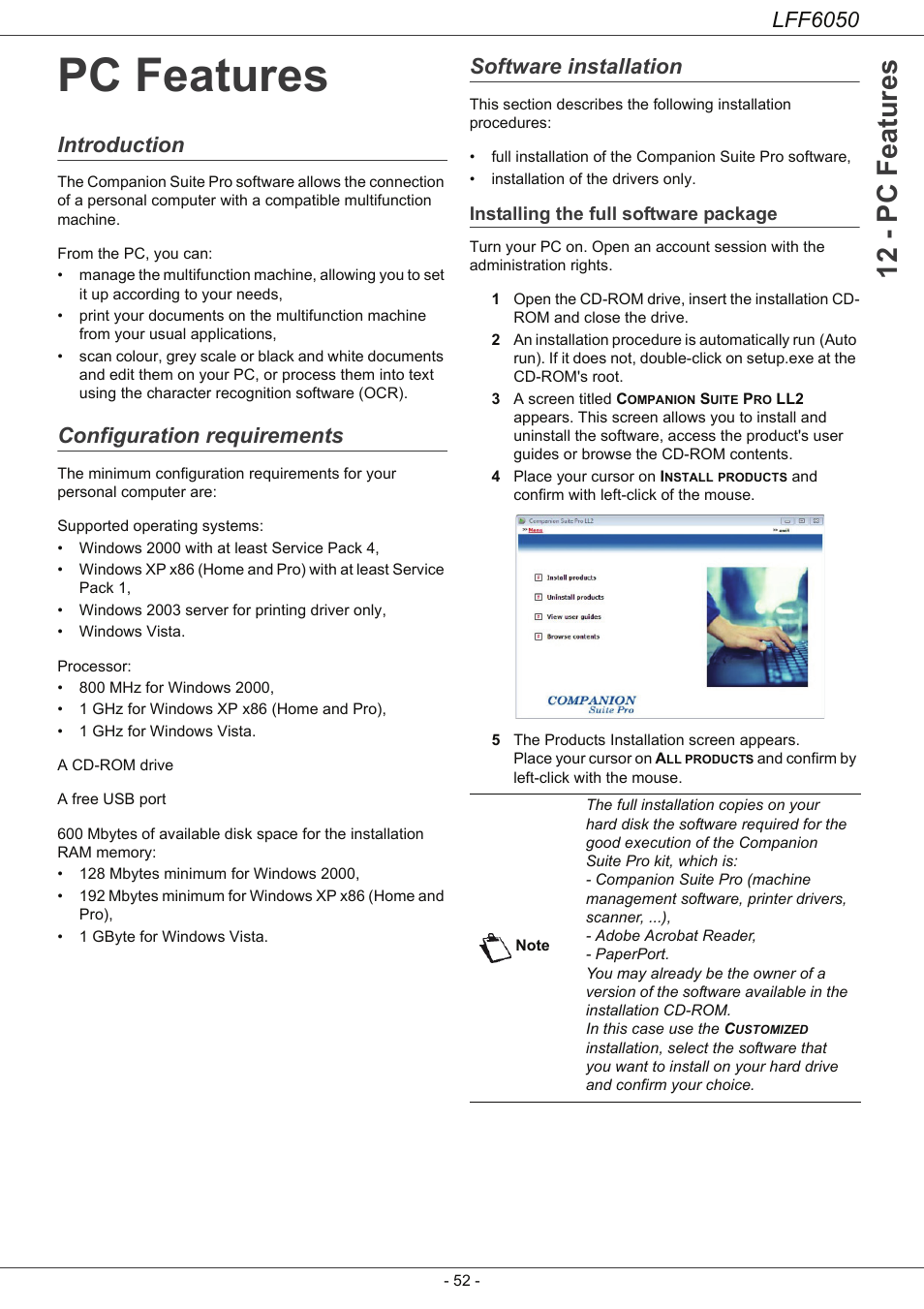 Pc features, Introduction, Configuration requirements | Software installation, Installing the full software package, Introduction 52 configuration requirements, 12 - pc features, Lff6050 | Philips LaserMFD LFF 6050 User Manual | Page 57 / 86