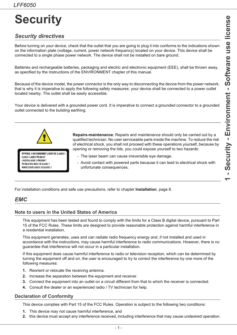 Security, Security directives, Note to users in the united states of america | Declaration of conformity, Security 1, Emc 1, Note to users in the united states, Of america, 1 - security - environment - software use license, Lff6050 | Philips LaserMFD LFF 6050 User Manual | Page 6 / 86
