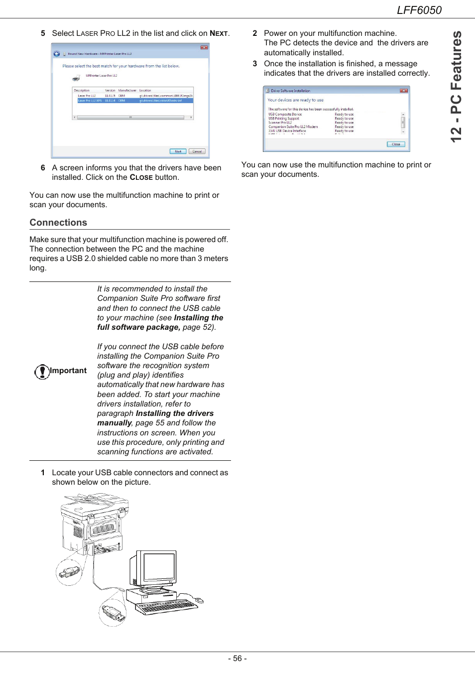 Connections, Connections 56, 12 - pc features | Lff6050 | Philips LaserMFD LFF 6050 User Manual | Page 61 / 86