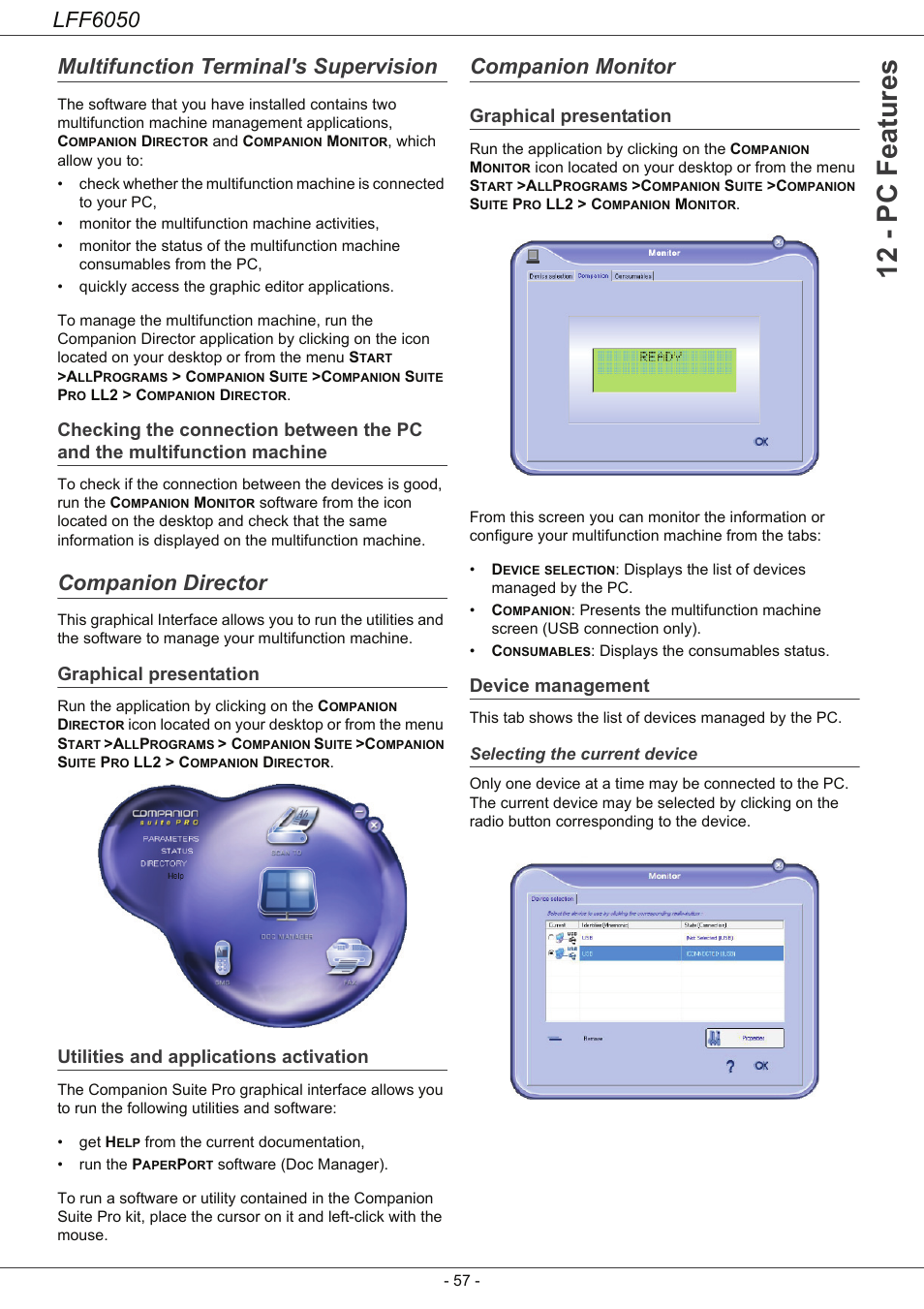 Multifunction terminal's supervision, Companion director, Graphical presentation | Utilities and applications activation, Companion monitor, Device management, Selecting the current device, Checking the connection between the pc, And the multifunction machine, 12 - pc features | Philips LaserMFD LFF 6050 User Manual | Page 62 / 86