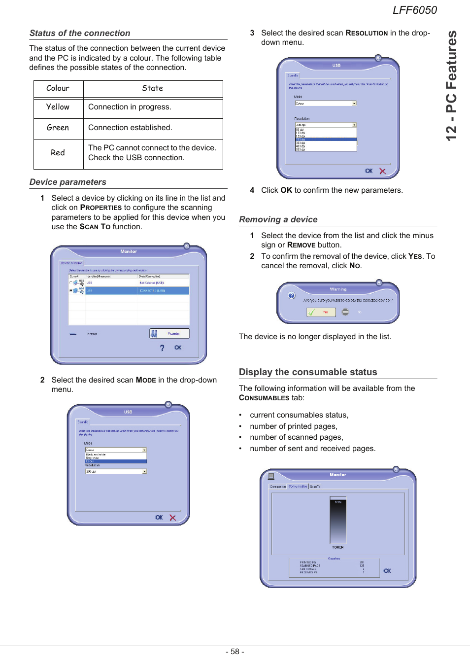 Status of the connection, Device parameters, Removing a device | Display the consumable status, 12 - pc features, Lff6050 | Philips LaserMFD LFF 6050 User Manual | Page 63 / 86