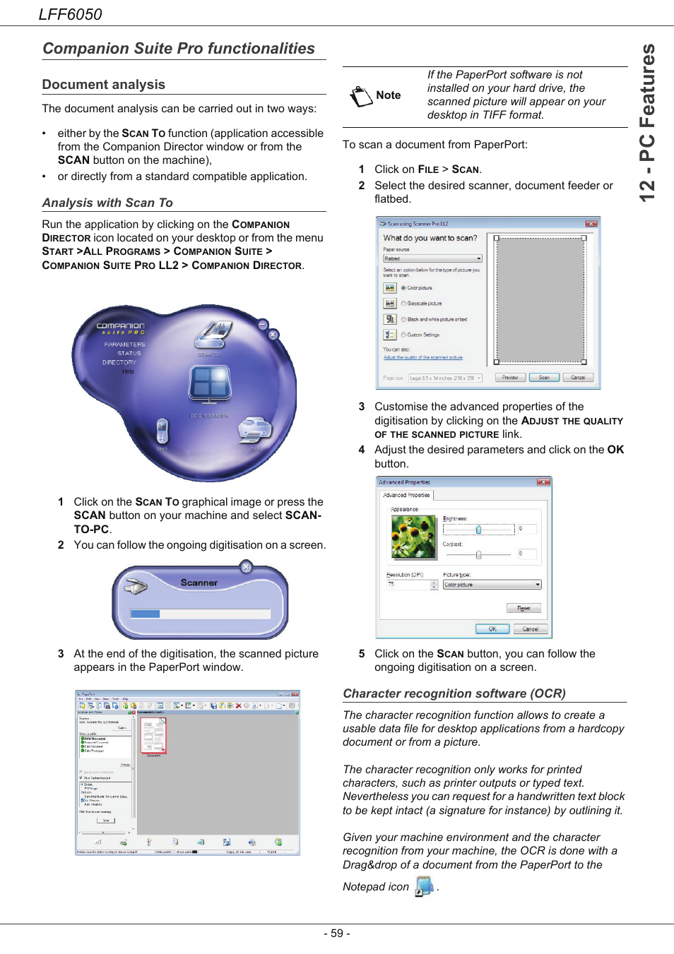 Companion suite pro functionalities, Document analysis, Analysis with scan to | Character recognition software (ocr), 12 - pc features, Lff6050 | Philips LaserMFD LFF 6050 User Manual | Page 64 / 86