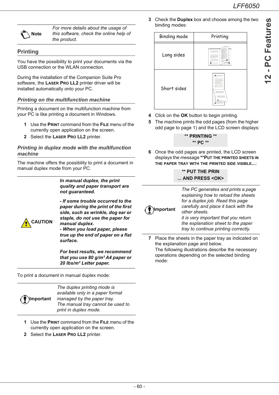 Printing, Printing on the multifunction machine, Printing 60 | Printing in duplex mode with the, Multifunction machine, 12 - pc features, Lff6050 | Philips LaserMFD LFF 6050 User Manual | Page 65 / 86