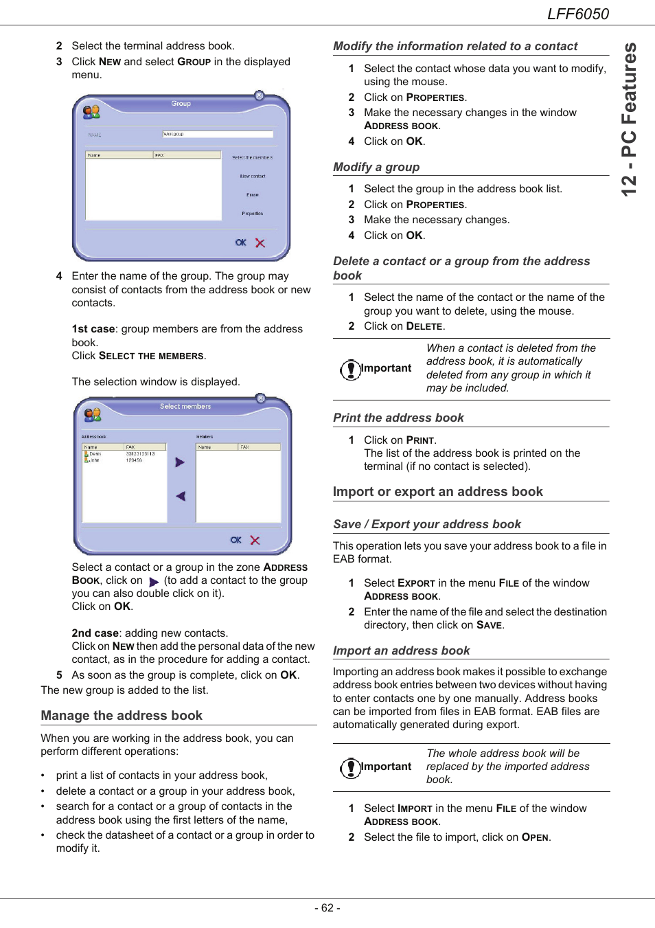 Manage the address book, Modify the information related to a contact, Modify a group | Delete a contact or a group from the address book, Print the address book, Import or export an address book, Save / export your address book, Import an address book, Delete a contact or a group from the, Address book | Philips LaserMFD LFF 6050 User Manual | Page 67 / 86