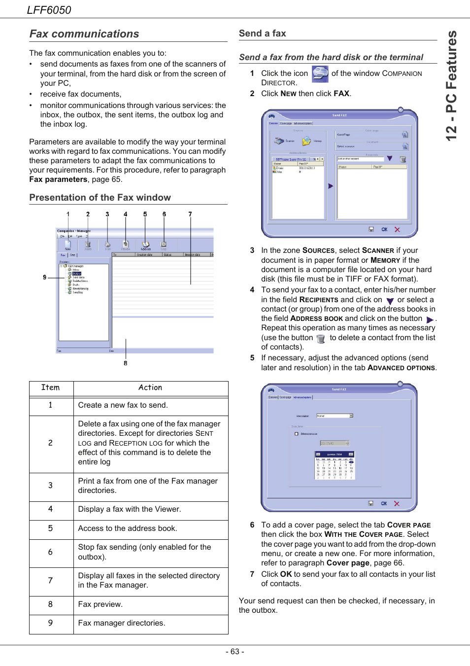 Fax communications, Presentation of the fax window, Send a fax | Send a fax from the hard disk or the terminal, 12 - pc features, Lff6050, Presentation of the fax window send a fax | Philips LaserMFD LFF 6050 User Manual | Page 68 / 86