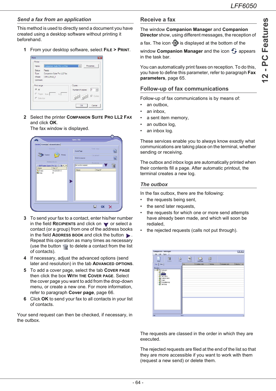 Send a fax from an application, Receive a fax, Follow-up of fax communications | The outbox, 12 - pc features, Lff6050 | Philips LaserMFD LFF 6050 User Manual | Page 69 / 86