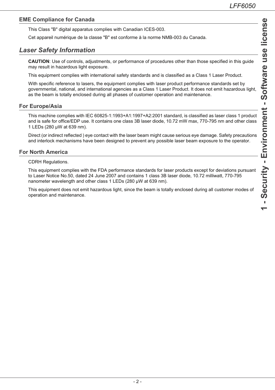 Eme compliance for canada, Laser safety information, For europe/asia | For north america, 1 - security - environment - software use license, Lff6050 | Philips LaserMFD LFF 6050 User Manual | Page 7 / 86