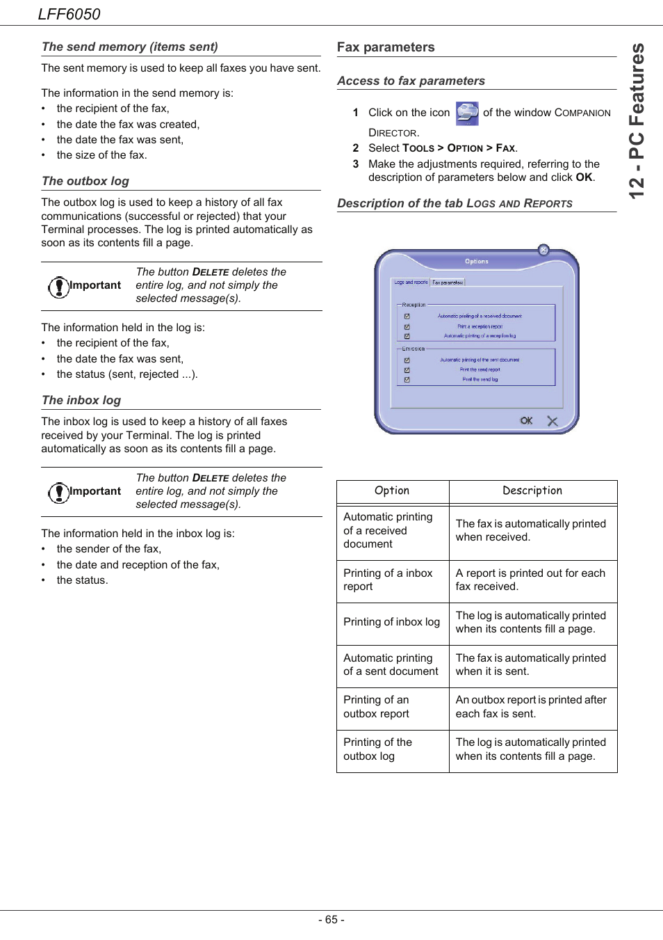 The send memory (items sent), The outbox log, The inbox log | Fax parameters, Access to fax parameters, Description of the tab logs and reports, 12 - pc features, Lff6050 | Philips LaserMFD LFF 6050 User Manual | Page 70 / 86