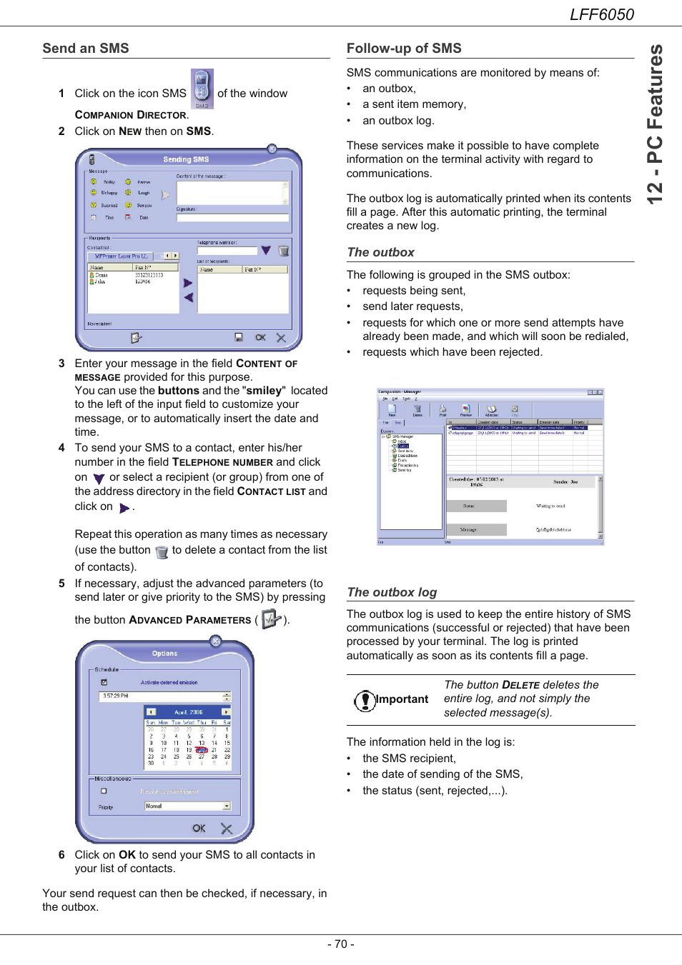 Send an sms, Follow-up of sms, The outbox | The outbox log, 12 - pc features, Lff6050 | Philips LaserMFD LFF 6050 User Manual | Page 75 / 86