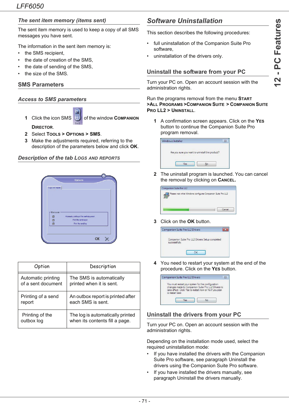 The sent item memory (items sent), Sms parameters, Access to sms parameters | Description of the tab logs and reports, Software uninstallation, Uninstall the software from your pc, Uninstall the drivers from your pc, 12 - pc features, Lff6050 | Philips LaserMFD LFF 6050 User Manual | Page 76 / 86