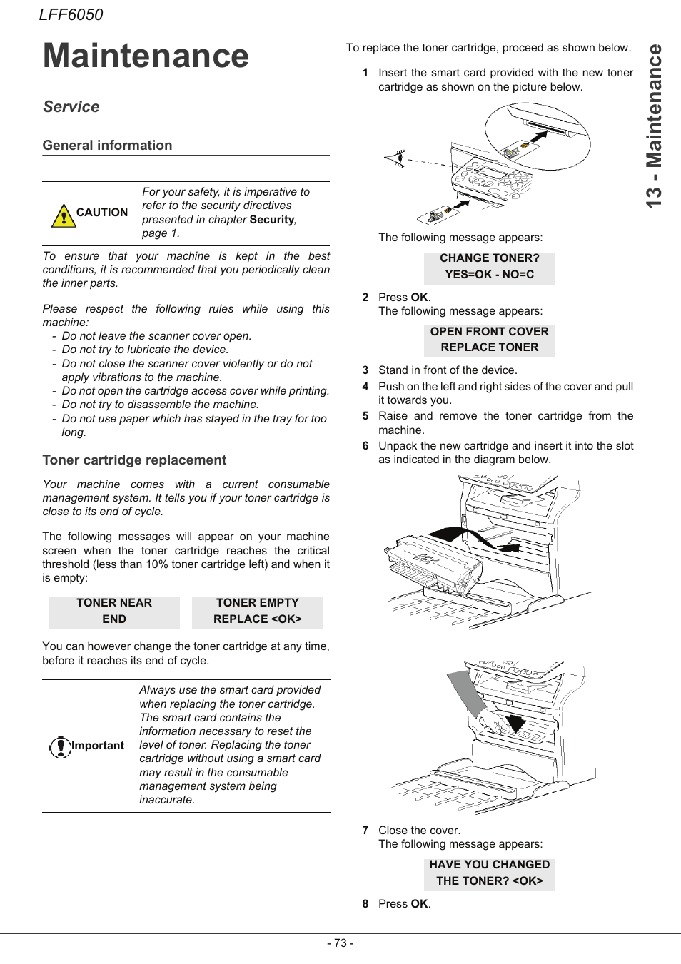 Maintenance, Service, General information | Toner cartridge replacement, Maintenance 73, Service 73, 13 - maintenance, Lff6050 | Philips LaserMFD LFF 6050 User Manual | Page 78 / 86