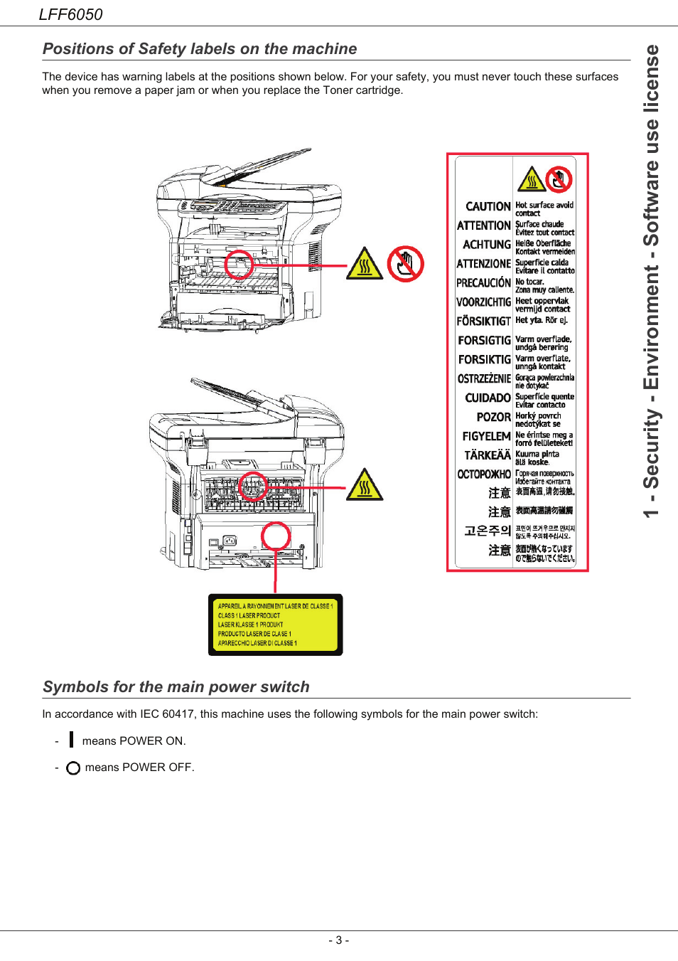 Positions of safety labels on the machine, Symbols for the main power switch, 1 - security - environment - software use license | Lff6050 | Philips LaserMFD LFF 6050 User Manual | Page 8 / 86