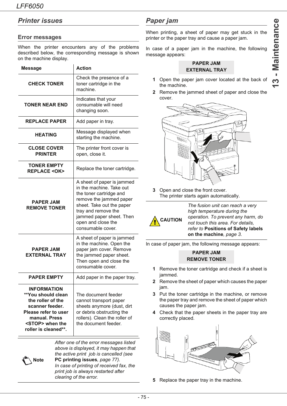 Printer issues, Error messages, Paper jam | 13 - maintenance, Lff6050 | Philips LaserMFD LFF 6050 User Manual | Page 80 / 86