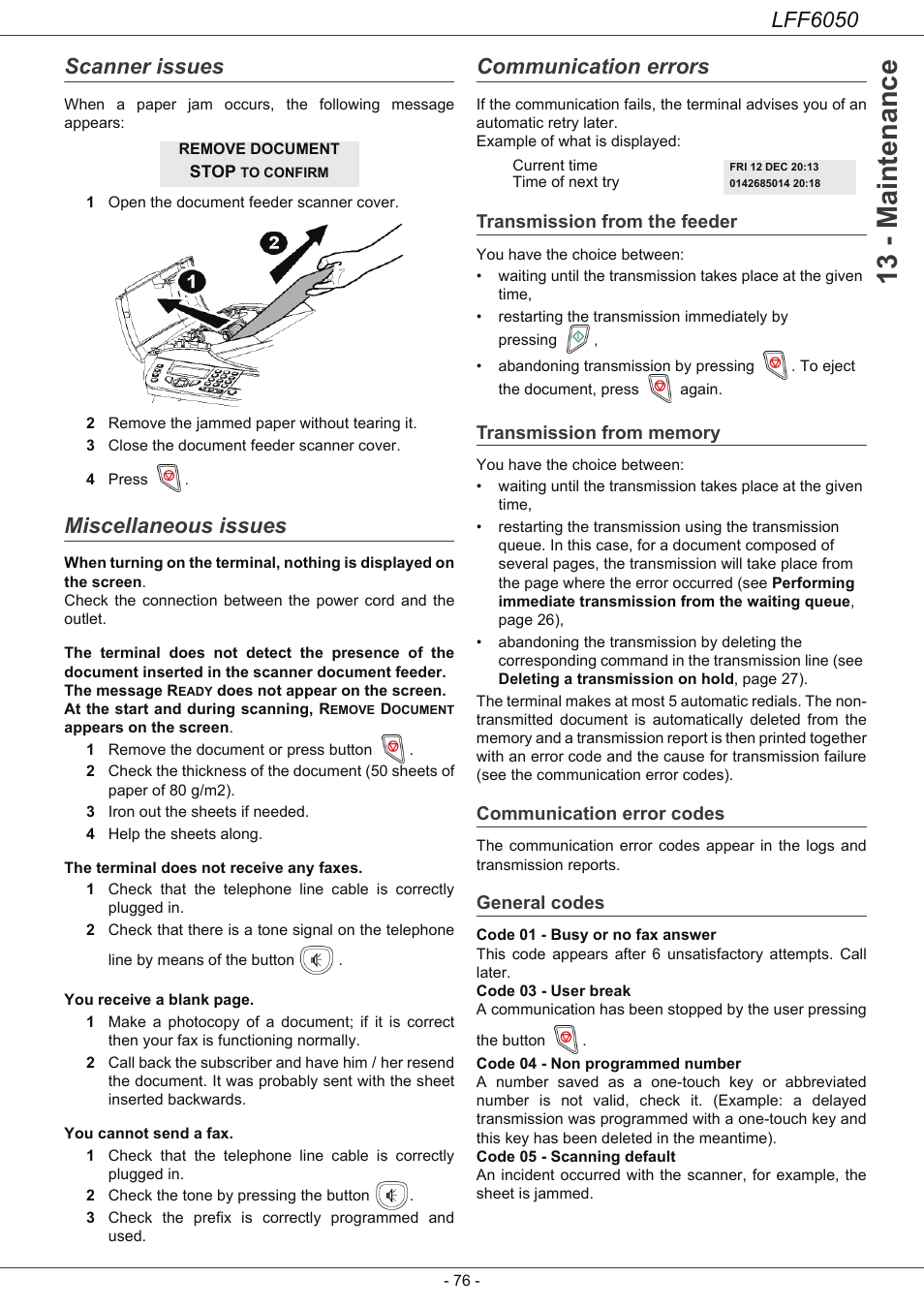 Scanner issues, Miscellaneous issues, Communication errors | Transmission from the feeder, Transmission from memory, Communication error codes, General codes, 13 - maintenance, Lff6050 | Philips LaserMFD LFF 6050 User Manual | Page 81 / 86