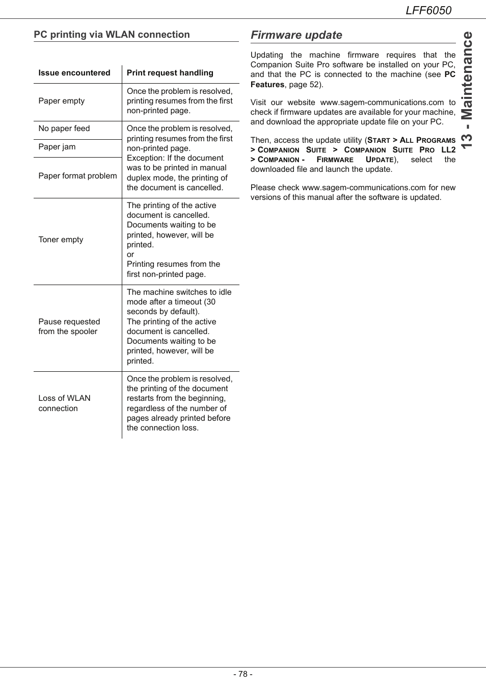 Pc printing via wlan connection, Firmware update, 13 - maintenance | Lff6050 | Philips LaserMFD LFF 6050 User Manual | Page 83 / 86