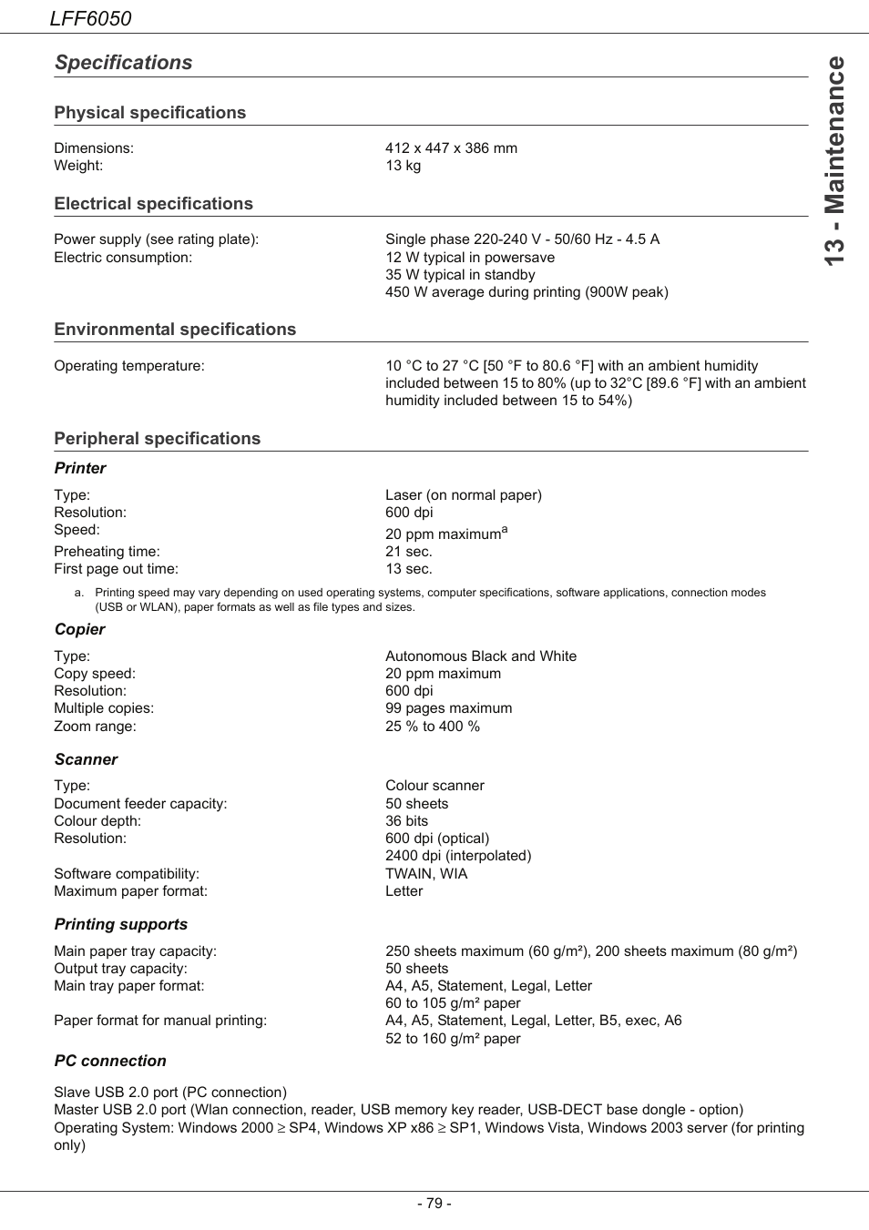 Specifications, Physical specifications, Electrical specifications | Environmental specifications, Peripheral specifications, Specifications 79, 13 - maintenance, Lff6050 | Philips LaserMFD LFF 6050 User Manual | Page 84 / 86