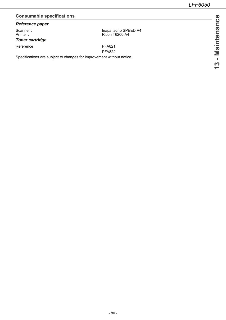 Consumable specifications, 13 - maintenance, Lff6050 | Philips LaserMFD LFF 6050 User Manual | Page 85 / 86