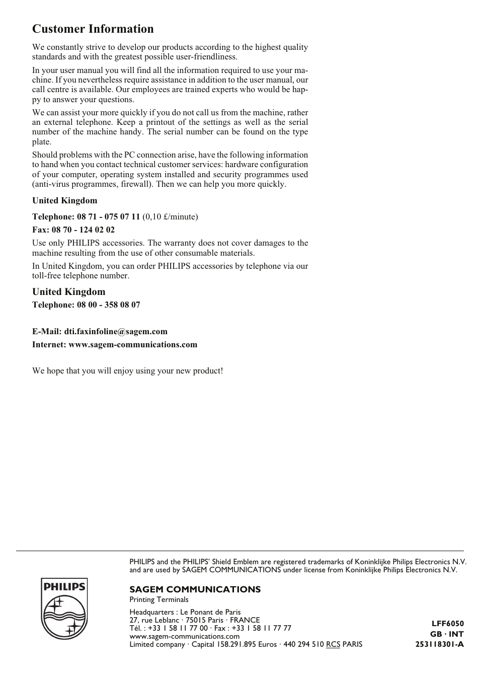 Customer information, United kingdom, Sagem communications | Philips LaserMFD LFF 6050 User Manual | Page 86 / 86