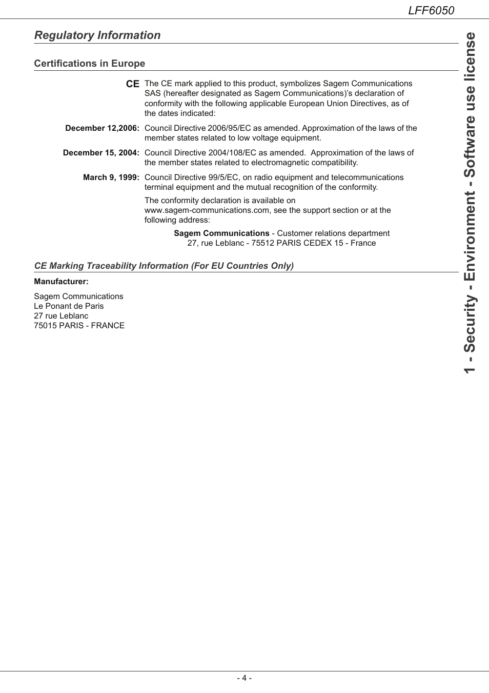 Regulatory information, Certifications in europe, Regulatory information 4 | Ce marking traceability information (for, Eu countries only), 1 - security - environment - software use license, Lff6050 | Philips LaserMFD LFF 6050 User Manual | Page 9 / 86