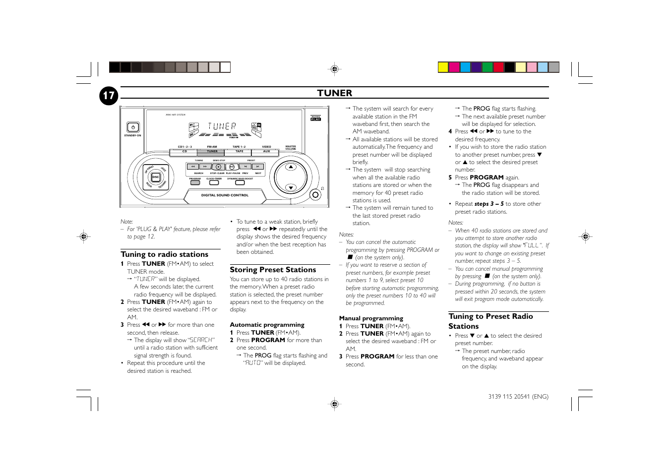 Tuner, Tuning to radio stations, Storing preset stations | Tuning to preset radio stations | Philips FW-C150 User Manual | Page 17 / 28