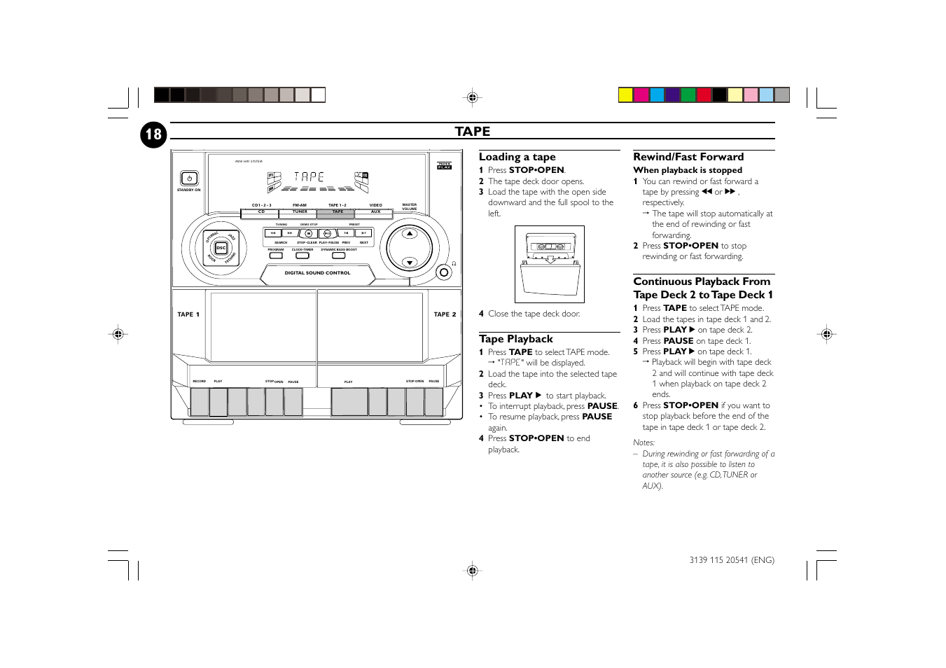Tape, Loading a tape, Tape playback | Rewind/fast forward | Philips FW-C150 User Manual | Page 18 / 28