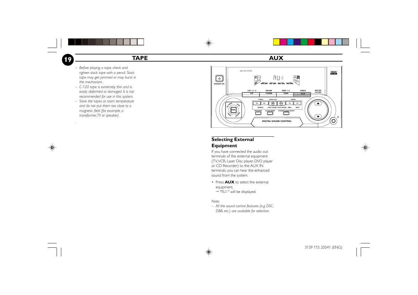 Tape aux, Selecting external equipment | Philips FW-C150 User Manual | Page 19 / 28