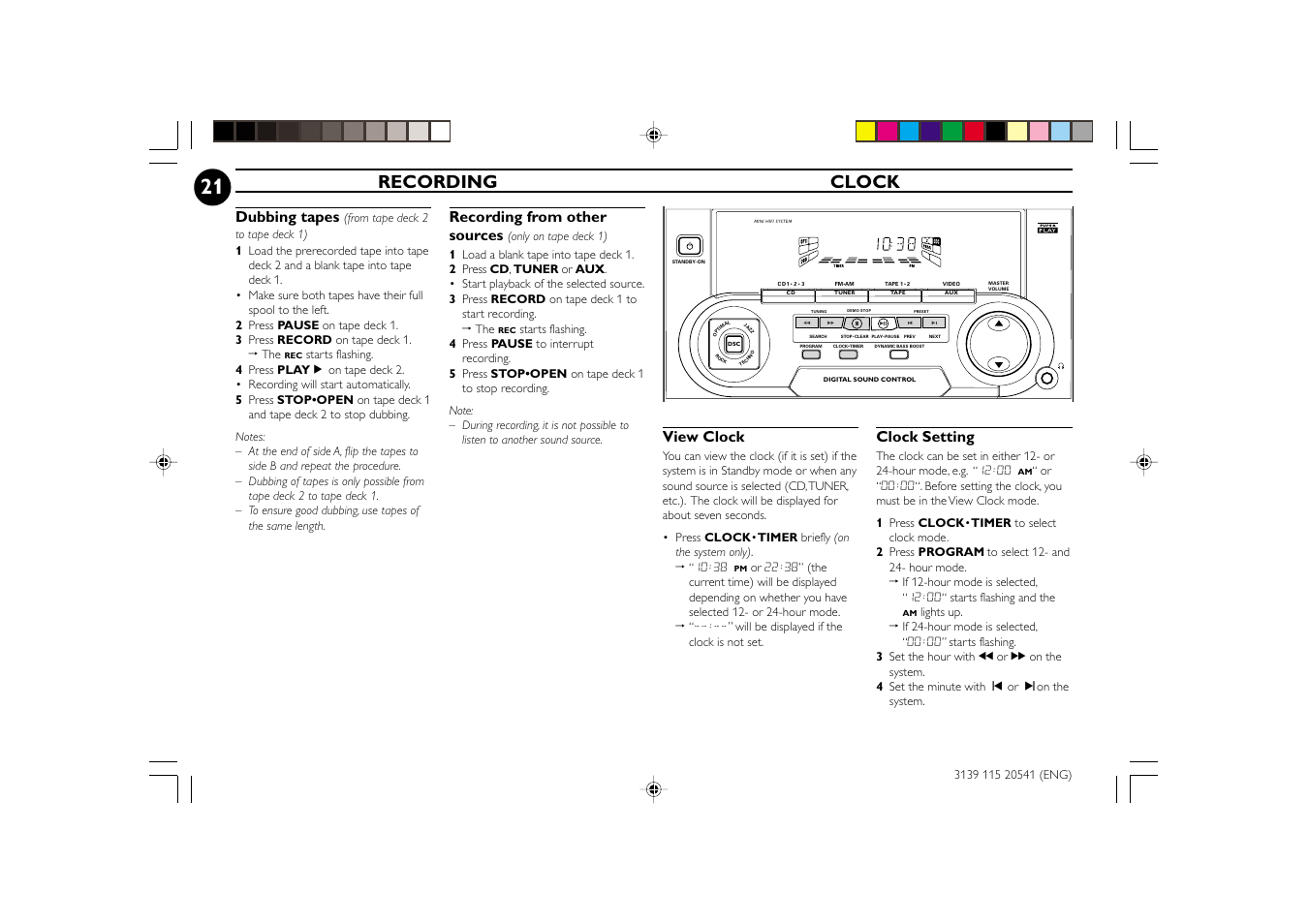 Recording clock, Dubbing tapes, View clock | Clock setting, Recording from other sources | Philips FW-C150 User Manual | Page 21 / 28