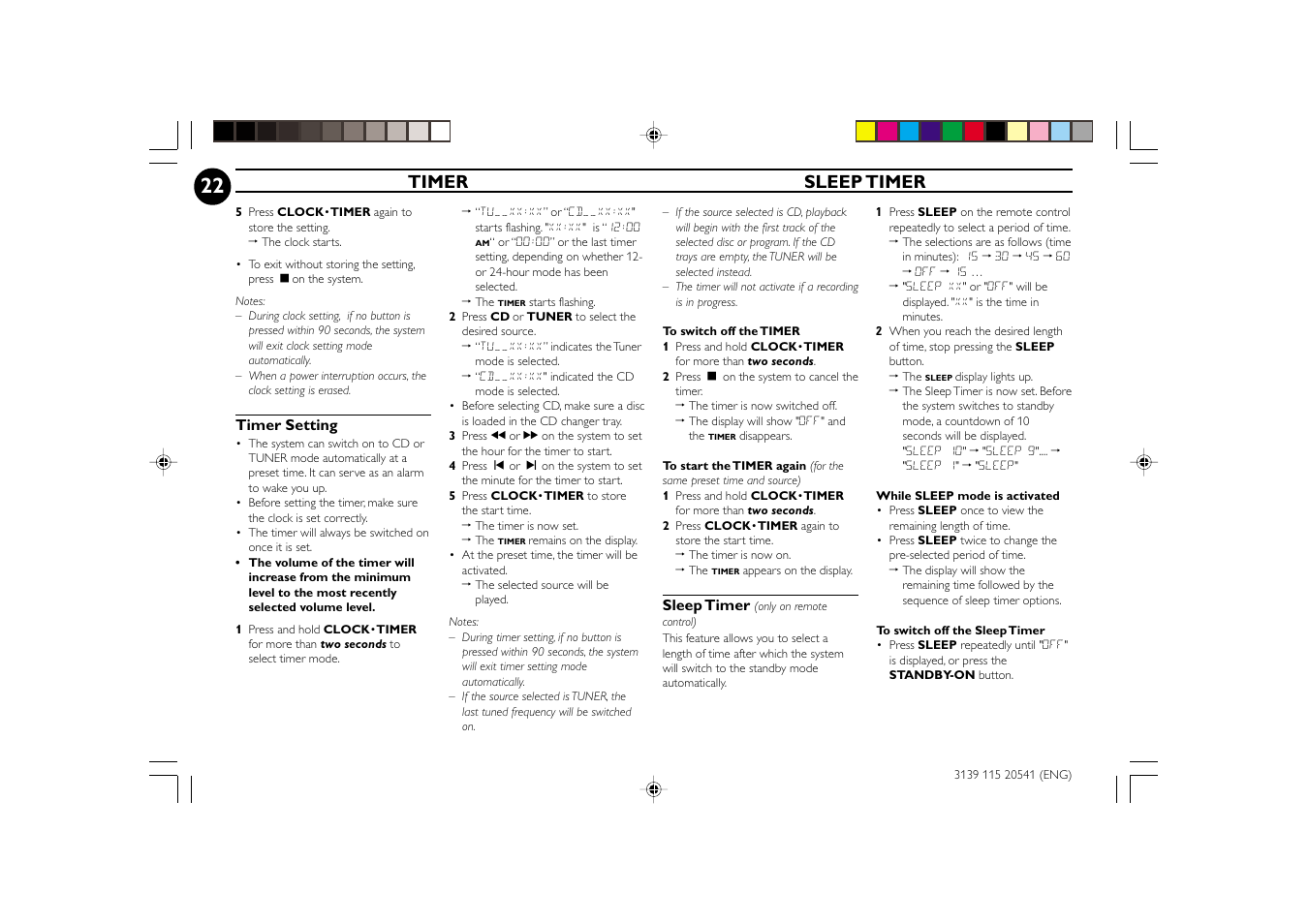 Timer sleep timer | Philips FW-C150 User Manual | Page 22 / 28
