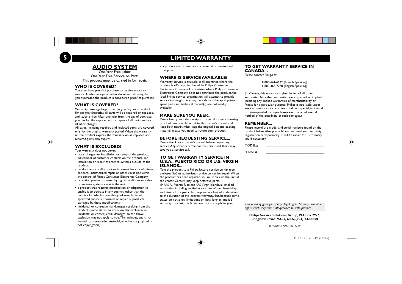 Limited warranty, Audio system | Philips FW-C150 User Manual | Page 5 / 28