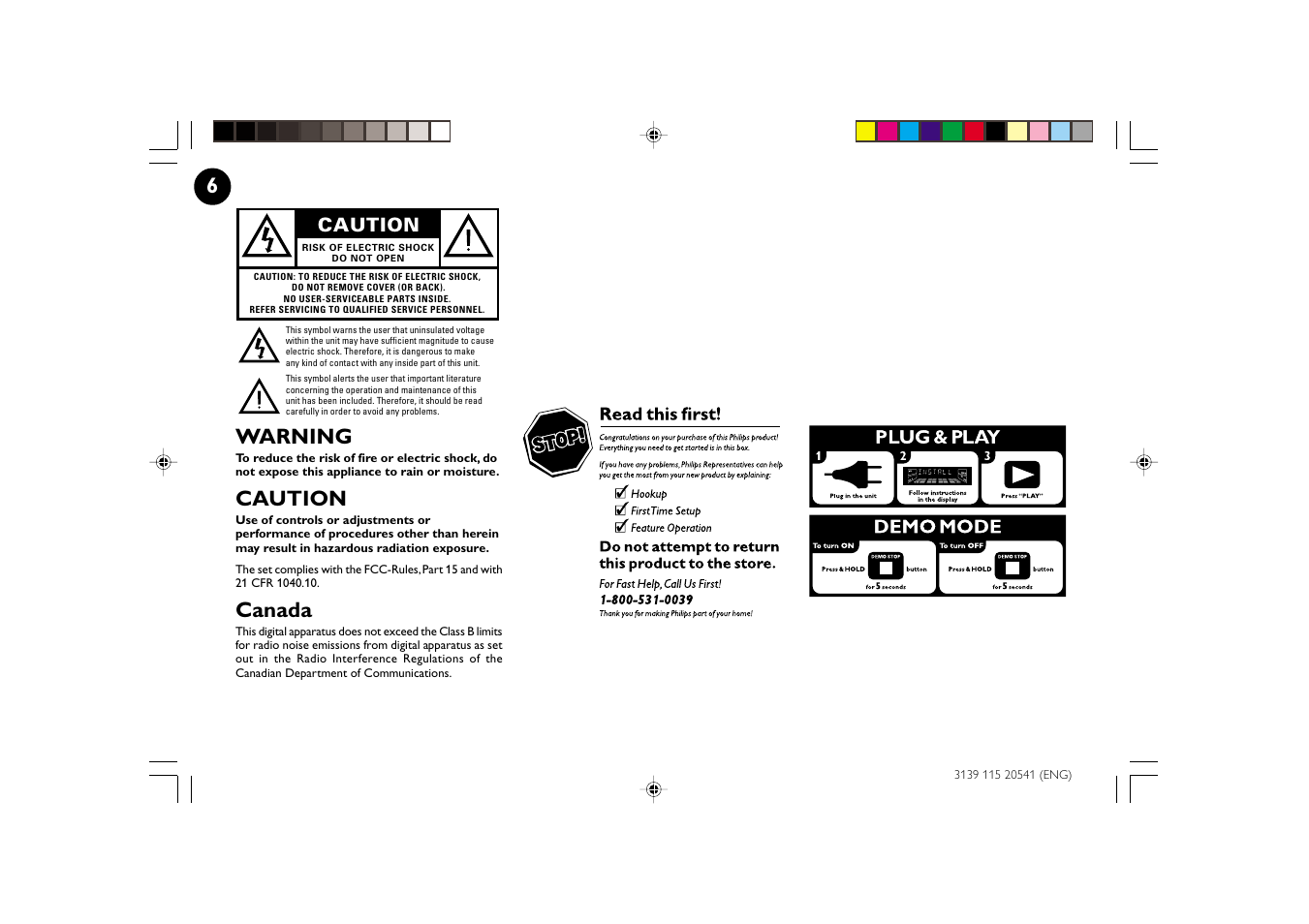 Warning, Canada, Caution | Philips FW-C150 User Manual | Page 6 / 28